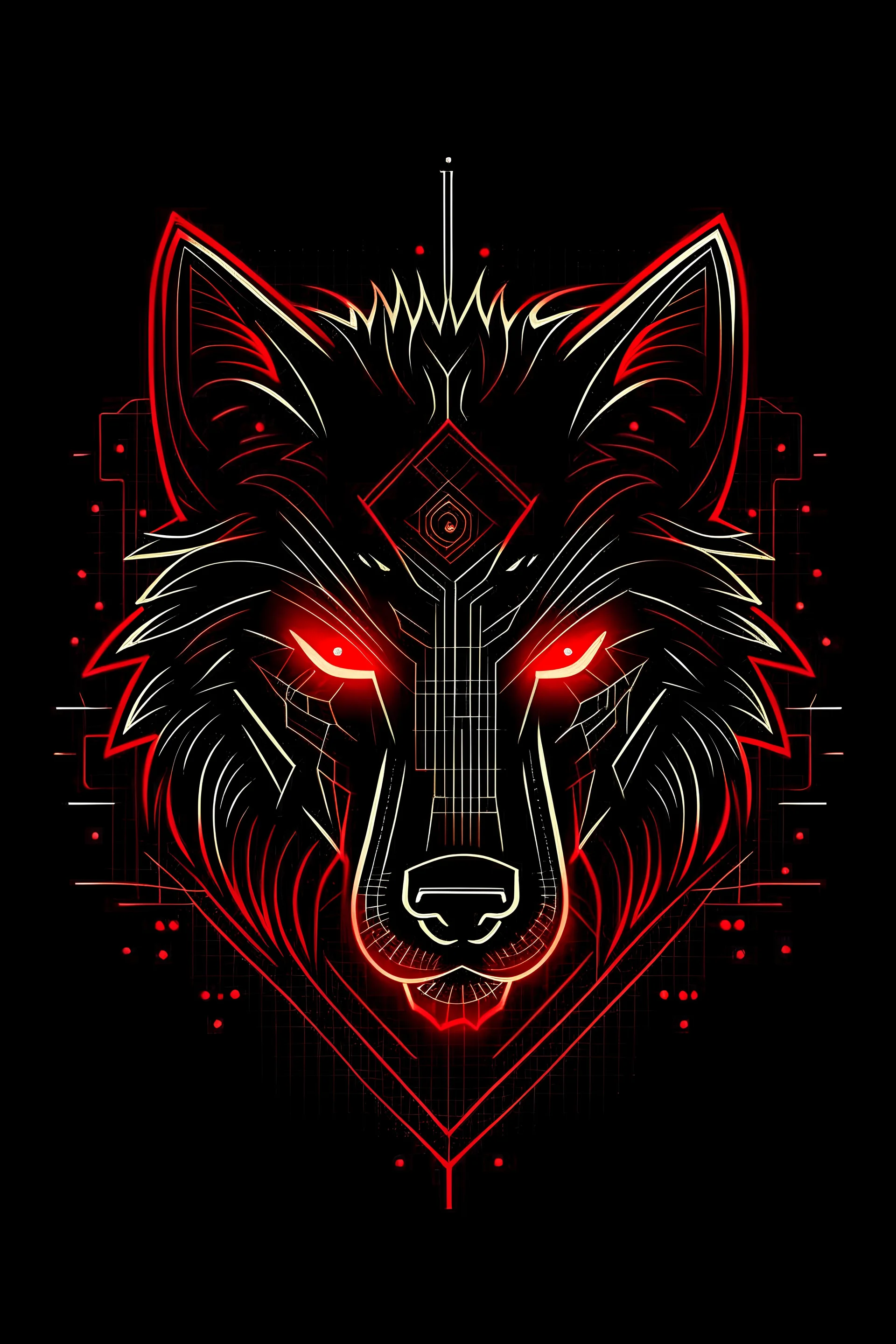 Create a logo featuring an electrical circuit in the shape of a wolf's head against a black background with red electric sparks. The red electric sparks should add a dynamic and energetic element to the design, symbolizing power and innovation.