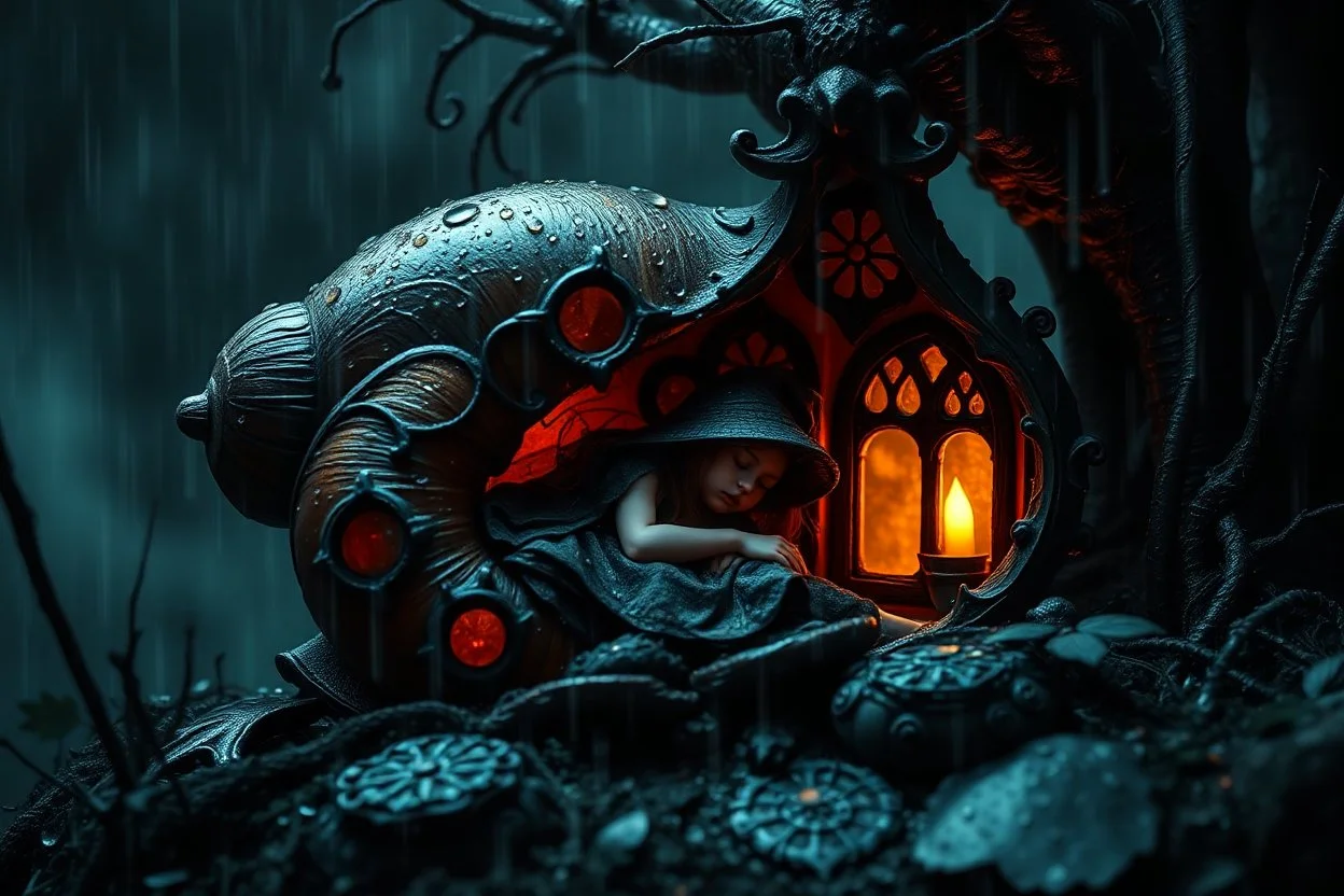 little dark witch fairy sleeps in her stunning lacy-onix gothic snail house, storm, rain, volumetric light, dark colors, rain drops, dark tendrils in background, fantasy, scifi, dark fantasy , dark stunning mood intricate details, beautifully shot, hyperrealistic, sharp focus, 64 megapixels, perfect composition