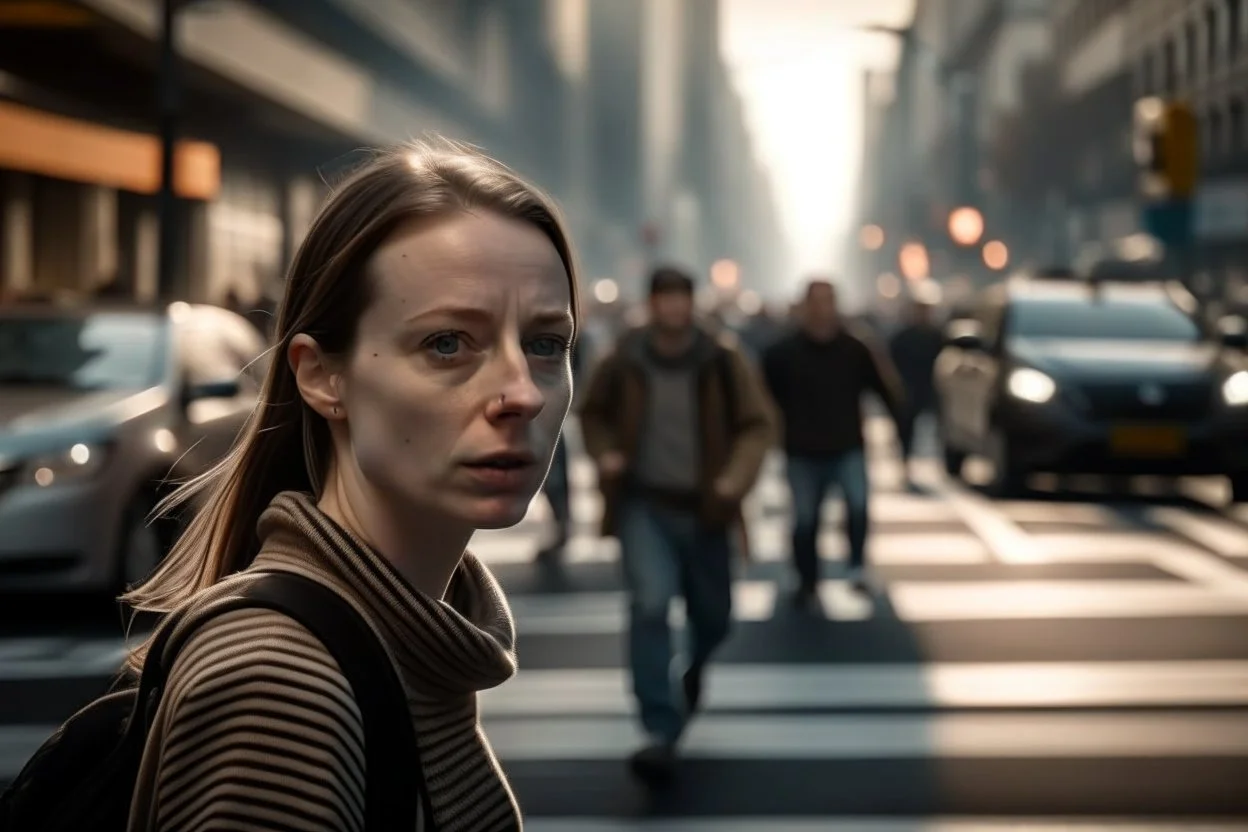 woman in close-up, medium shot, crossing a zebra crossing in a big city. In the background traffic and people out of focus. And slight smoke coming from the sewers. Realism. Cinematographic image. Image format brightness.