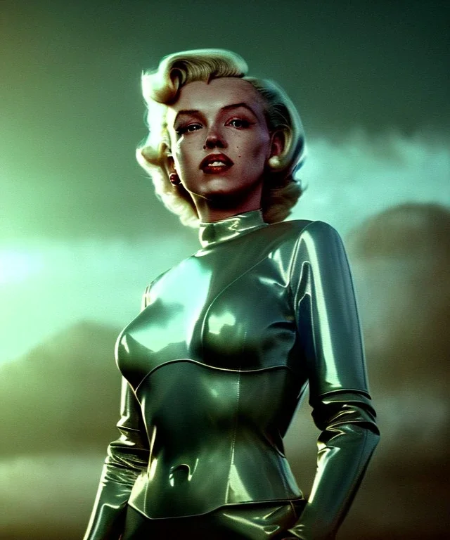 Ultra Realistic retro sci-fi scene, portrait, 2 blonde woman clones, sweet young Marilyn Monroe face, perfect iris, tight latex coat, helmet, Strange planet background. Spaceship, fog, rain, soft color, highly detailed, unreal engine 5, ray tracing, RTX, lumen lighting, ultra detail, volumetric lighting, 3d, finely drawn, high definition, high resolution.