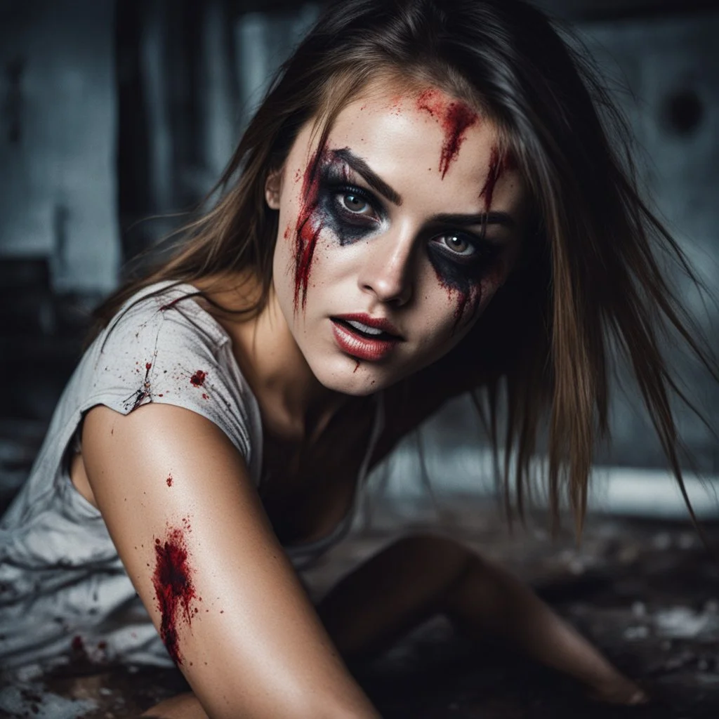 girl attacked by monster in a dark terrifying horror movie, spread legs, abrasive surface, black eye-liner