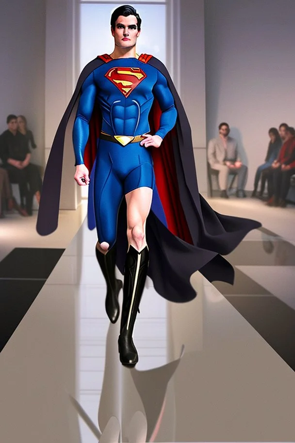 a DC winter fashion runway with modern clothes inspired by Superman Kryptonian style clothes, embroidery elegant fashion beige tones