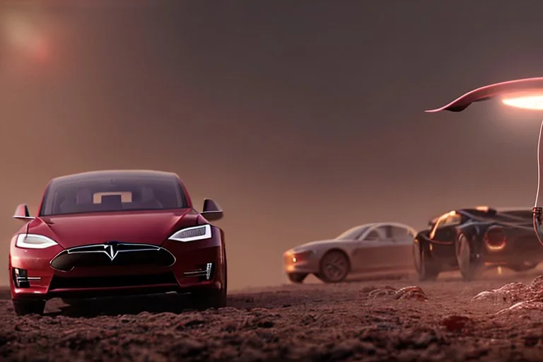 A Tesla 'Model Y' is going at a high speed, during the battle of "The War of the Worlds" (of H.G. Wells). (CINEMATIC, WIDE ANGLE LENS, PHOTO REAL)