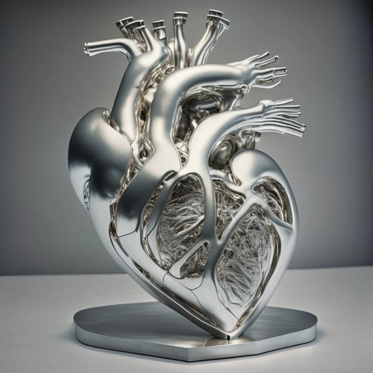 stainless steel sculpture of human flesh-like heart formed by human bodies