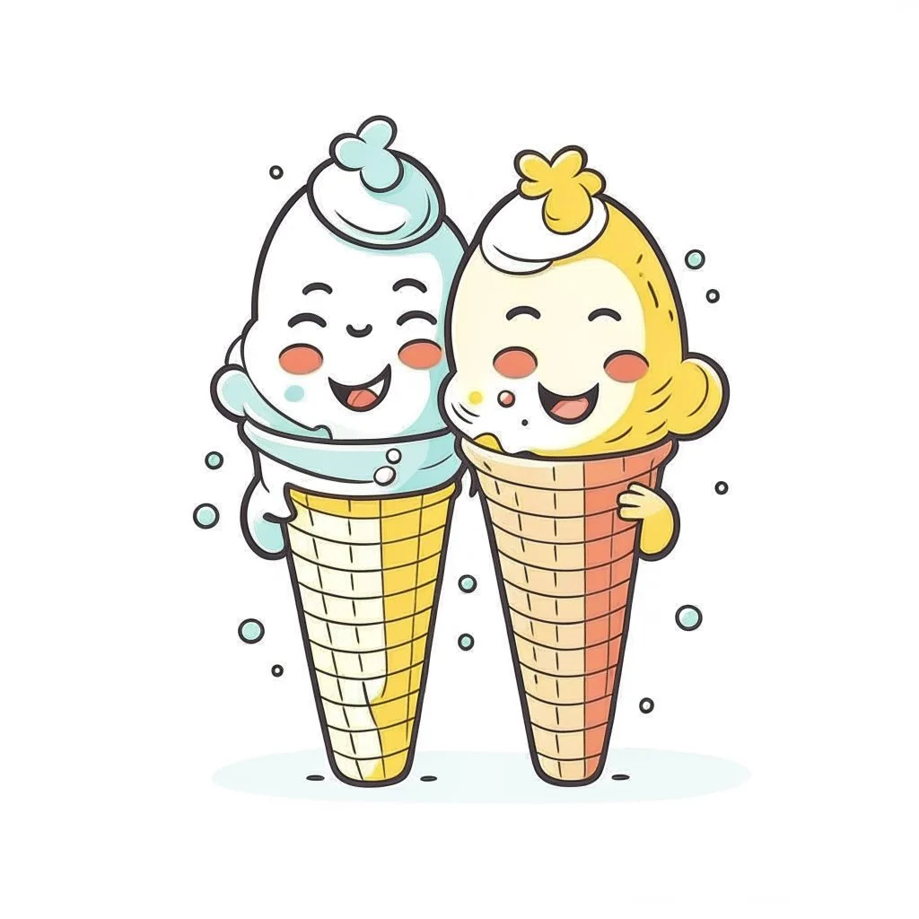 A pair of ice cream cones, cute, lighthearted, natural daylight, T-shirt design graphic, vector, contour, white background