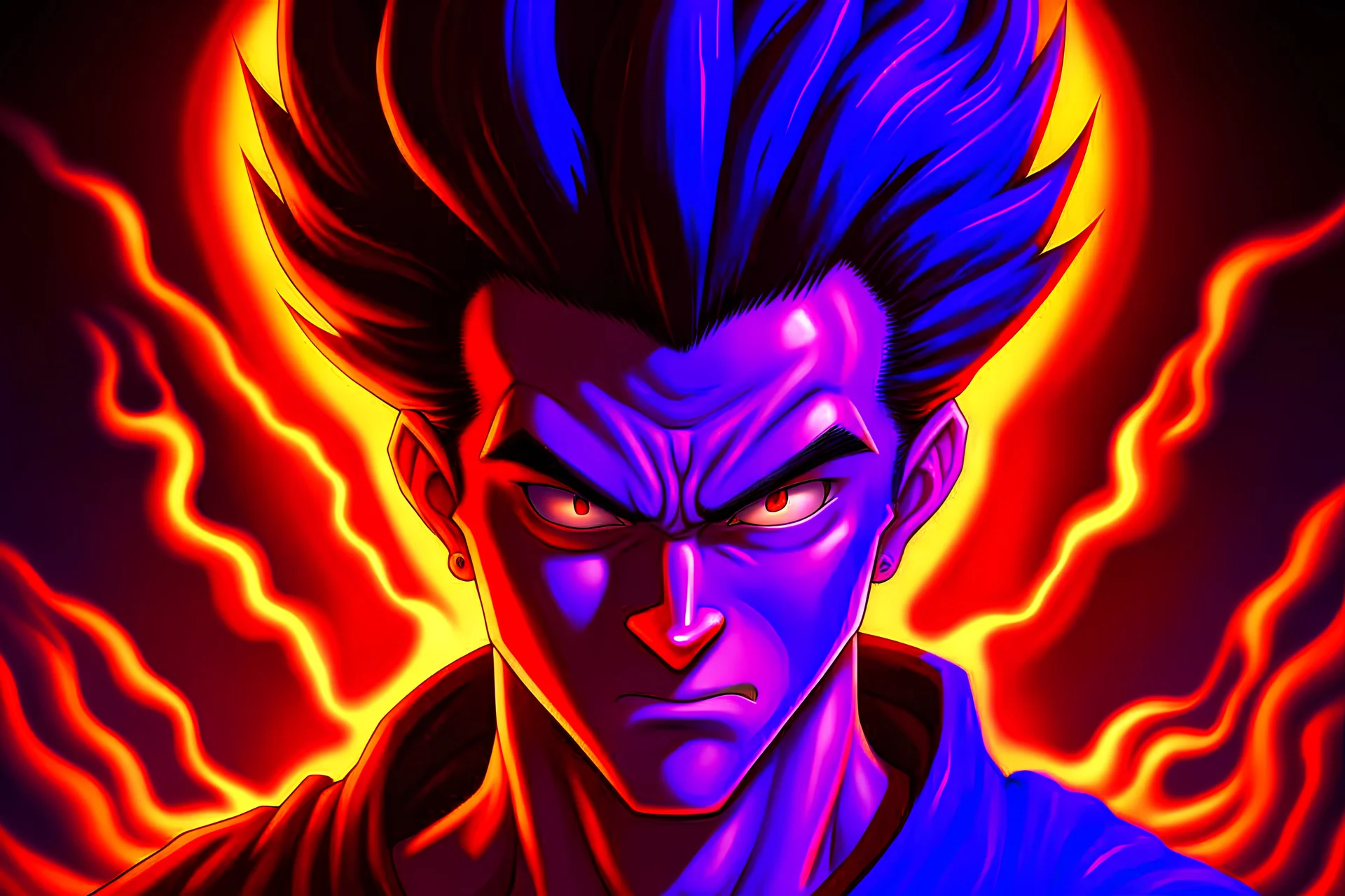 create a realstic image of gohan getting very mad, his hair glowing purple