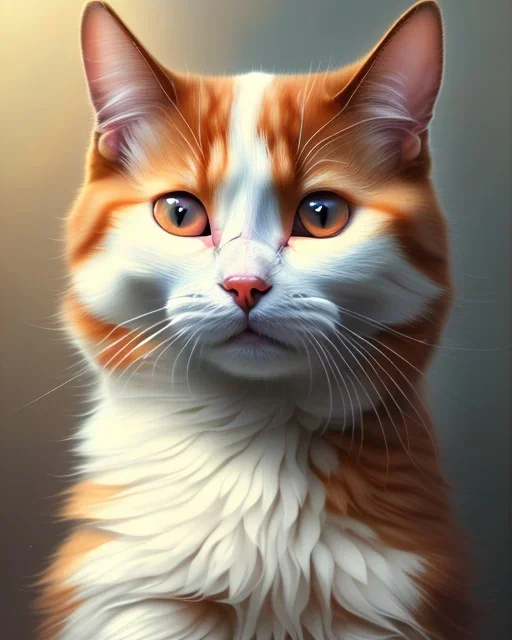 A cute orange and white cartoon Cat sitting down, full-scale head and shoulders portrait, 8k resolution concept art portrait by Greg Rutkowski, Artgerm, WLOP, Alphonse Mucha dynamic lighting hyperdetailed intricately detailed Splash art trending on Artstation triadic colors Unreal Engine 5 volumetric lighting Splash art fantasy"