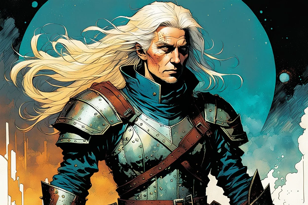 create an imaginative full body print illustration of an ethereal, otherworldly haggard, scarred, and grim, flaxen haired, aged female grandmaster Witcher in Cat armor , in the comic book art style of Bill Sienkiewicz, Mike Mignola, and Jean Giraud Moebius, with highly detailed facial features , finely drawn, colored and inked,