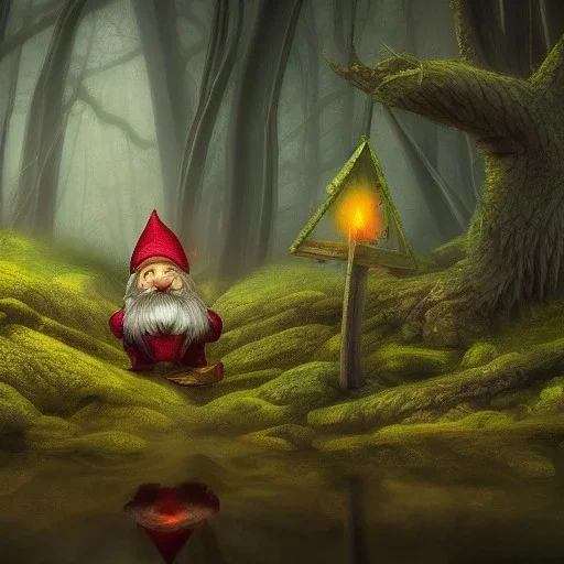 gnome, forest, horror, 4k, detailed, fog, dragon, mysticism, magic, fabulous, magic,ultra detailed,fire,fabulous lake