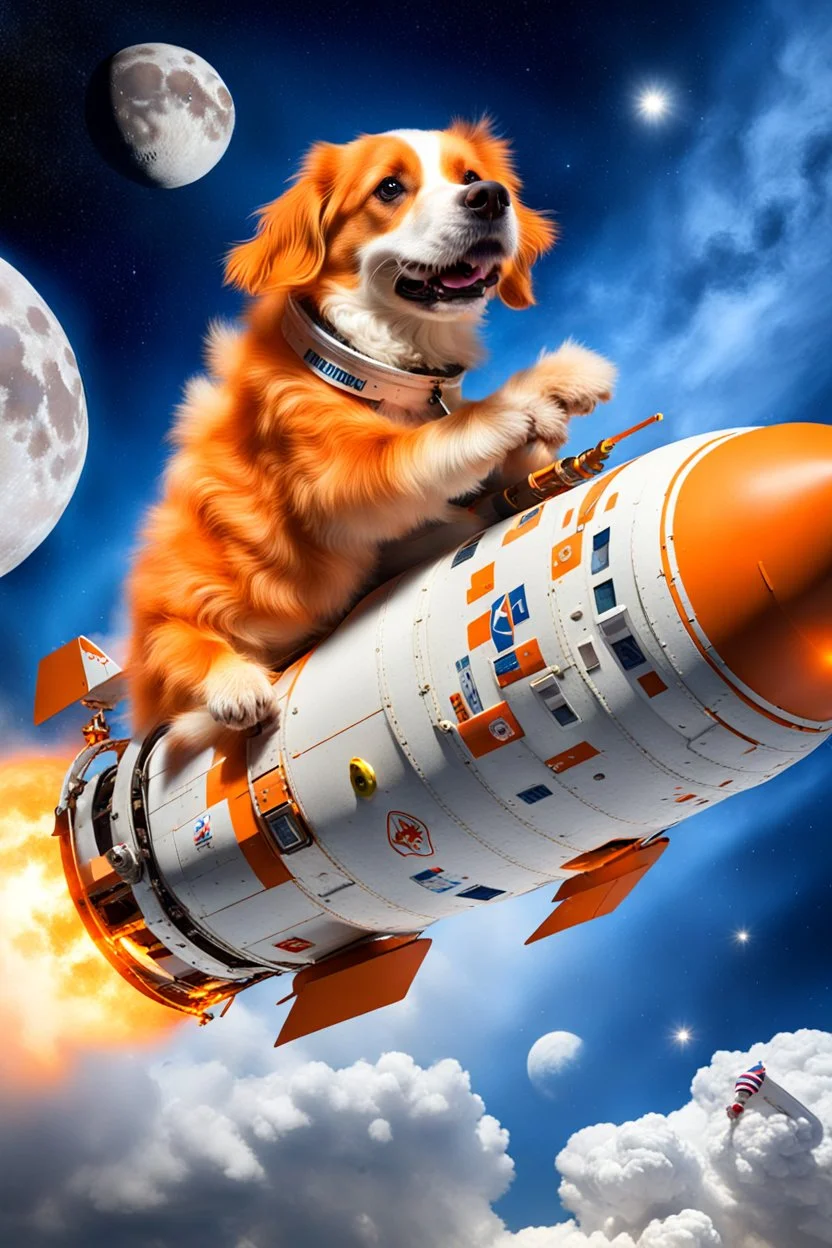 white and orange dog flies to the moon on top of the a rocket