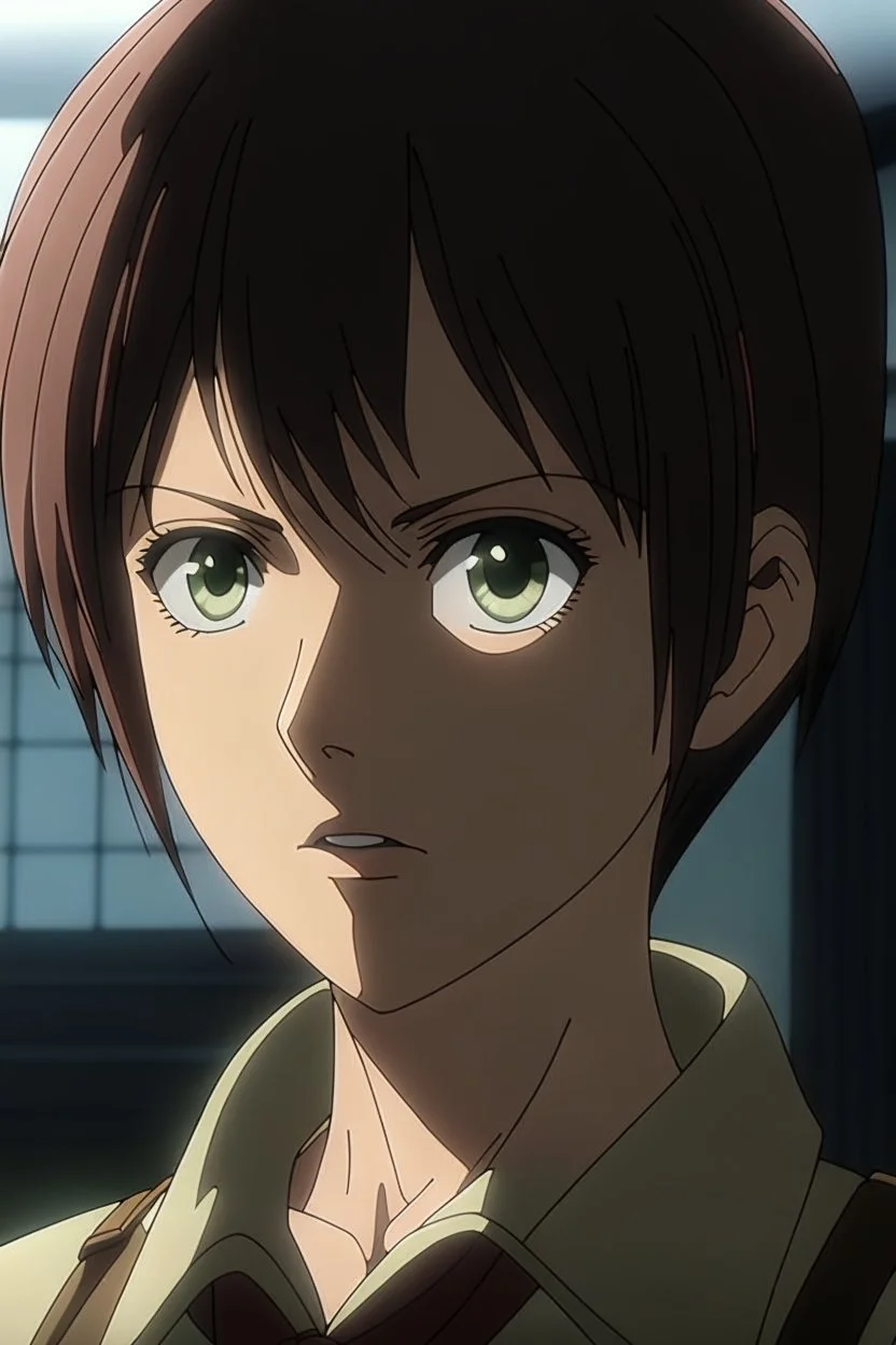 Attack on Titan screencap of a female with short back hair black eyes