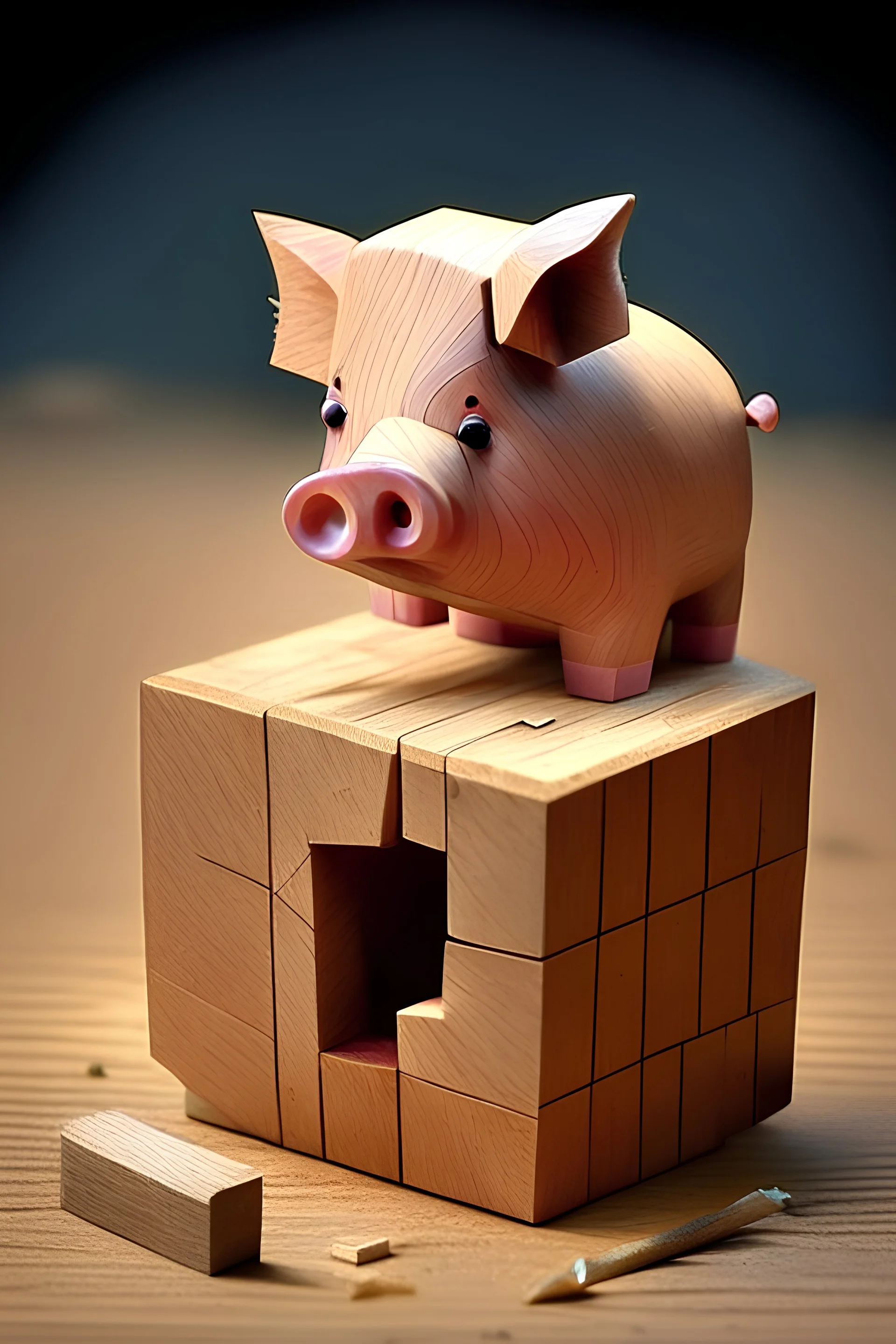 wooden little pig,sculpting itself from a cube ,useing a sculpting knife