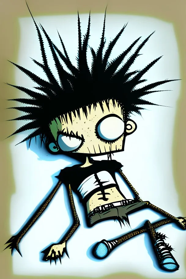 2d drawing of a stickman, cool with punk hair, x eyes like in hangman, laying flat on stomach,3d realistic in colour