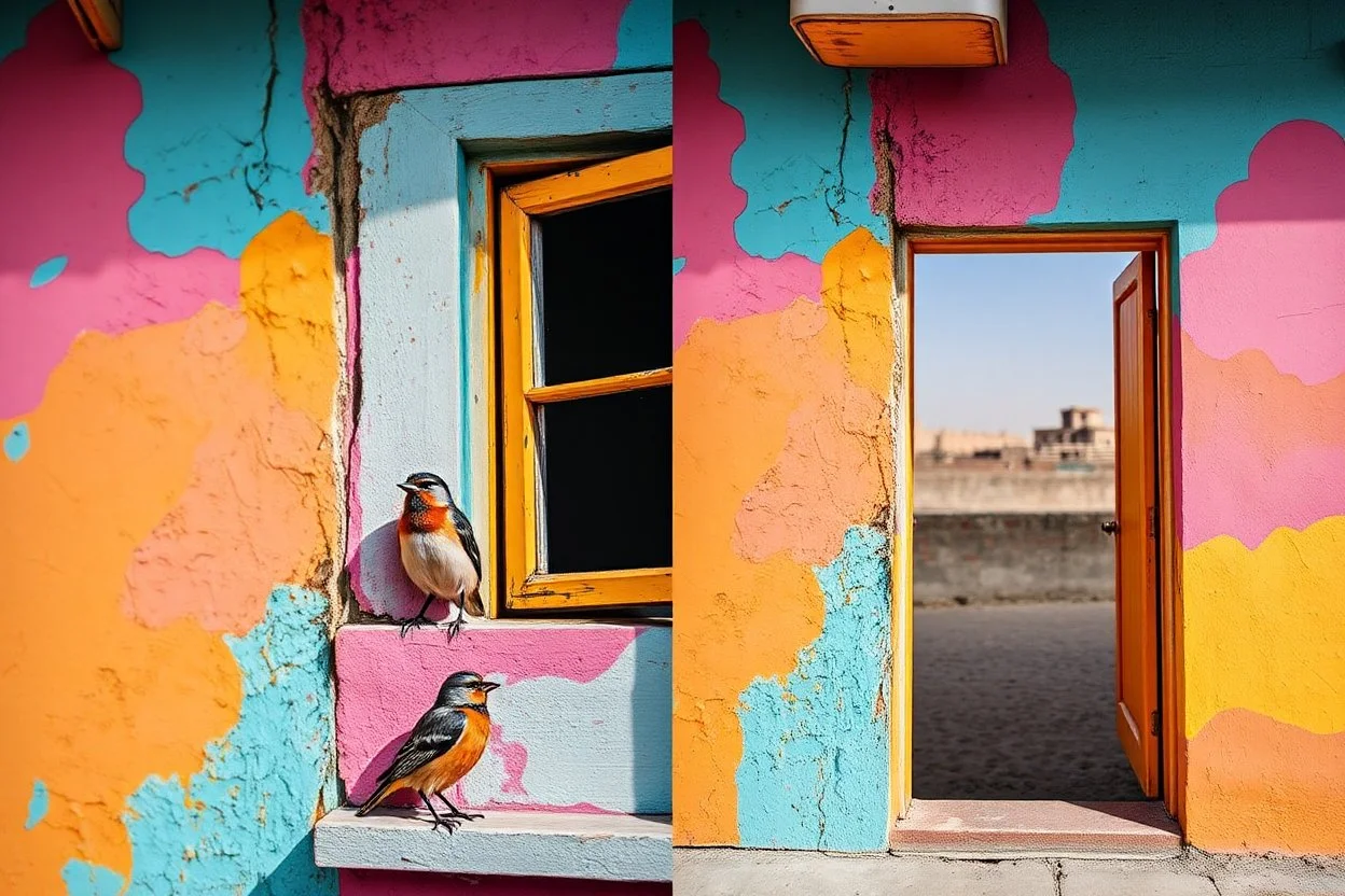 there are two birds sitting on a ledge next to a window, colorful mural on chipped walls, by Saurabh Jethani, photomanipulation, pink and yellow, by Liza Donnelly, diptych, eye catching composition, open window, open door, double exposure, double entendre, dramatic, dynamic, whizz dynamics, liminal vibe, amazing reflections, great contrasts, excellent verticals, perfect parallels, orange tint, socinlars vibe