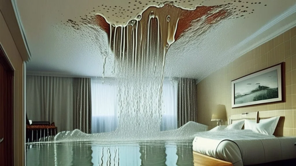 water pouring from ceiling in hotel room