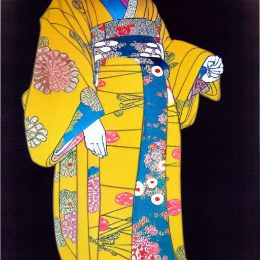 Retrato de cuerpo entero una Geisha con kimono con el estilo de Gustav Klimt