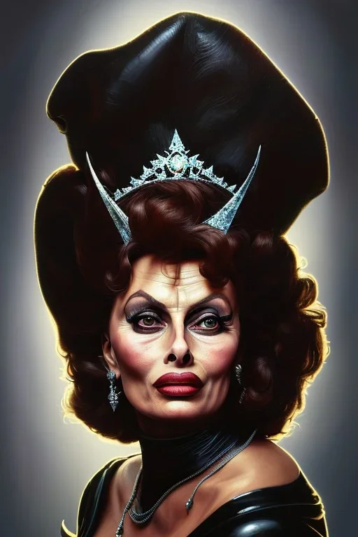 painting of sophia loren as evil queen in black leather, feminie, angry, volouptous, busty, cleavage, emperious, mature, highly detailed, digital painting, artstation, concept art, smooth, sharp focus, illustration, art by gaston bussiere and alphonse mucha