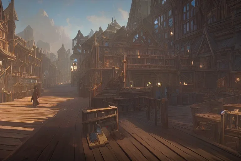 Wooden medieval fantasy docks in town, daytime, light shafts, adventurers