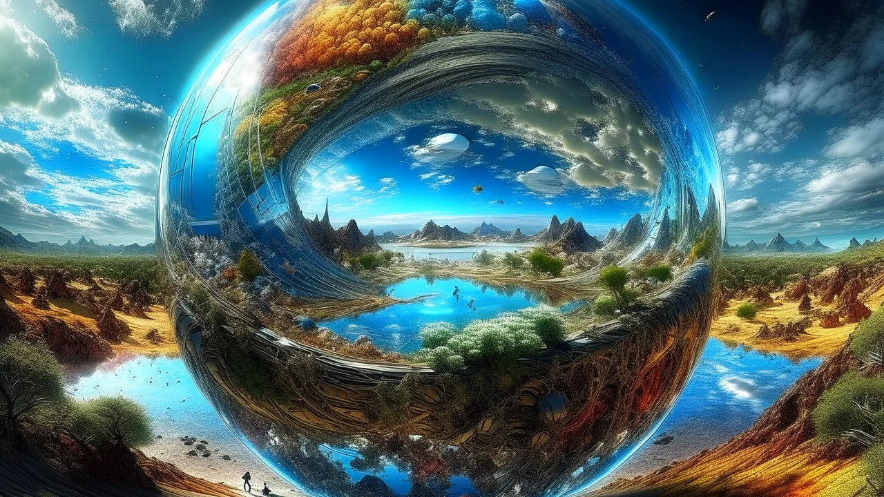 infitnity vanishing point, photorealistic gigantic glass planet full of lifeforms floating in a giant exoplanet, hyperboloid Trompe-l'œil, galactic warpdrive, multiverse