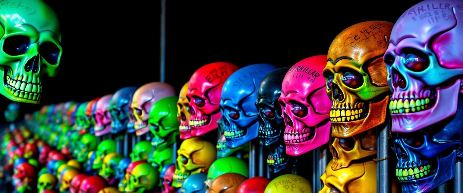 a field of skulls, multi colored, bright, vivid, psychedelic, high detailed, high gloss, insanly detailed, matte, horrorcore, lining the street, unsettling contrast, monument to death