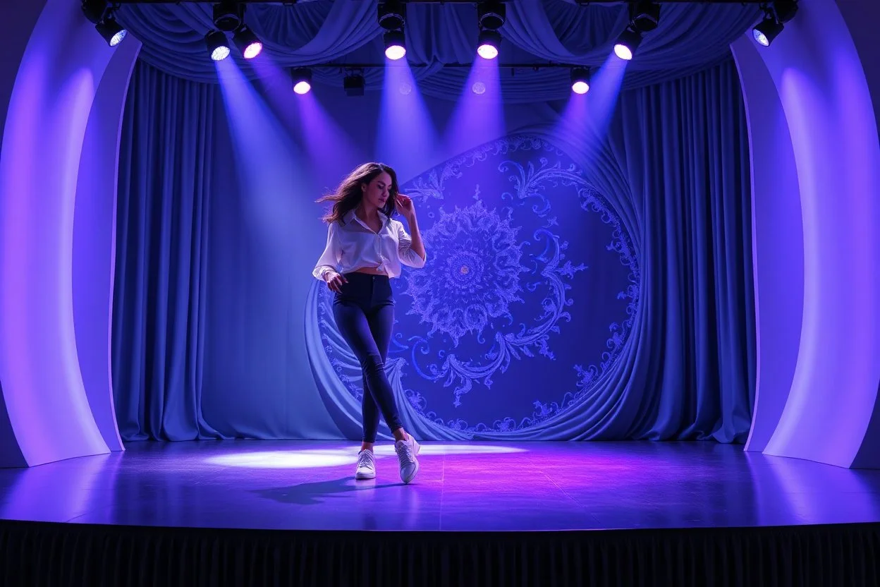 modern stage with gray-blue theme artistic decoration , color full dynamic lighting, a beautiful lady in pants and blouse with sport shoes dancing, 3D recursive fractal structure animating background