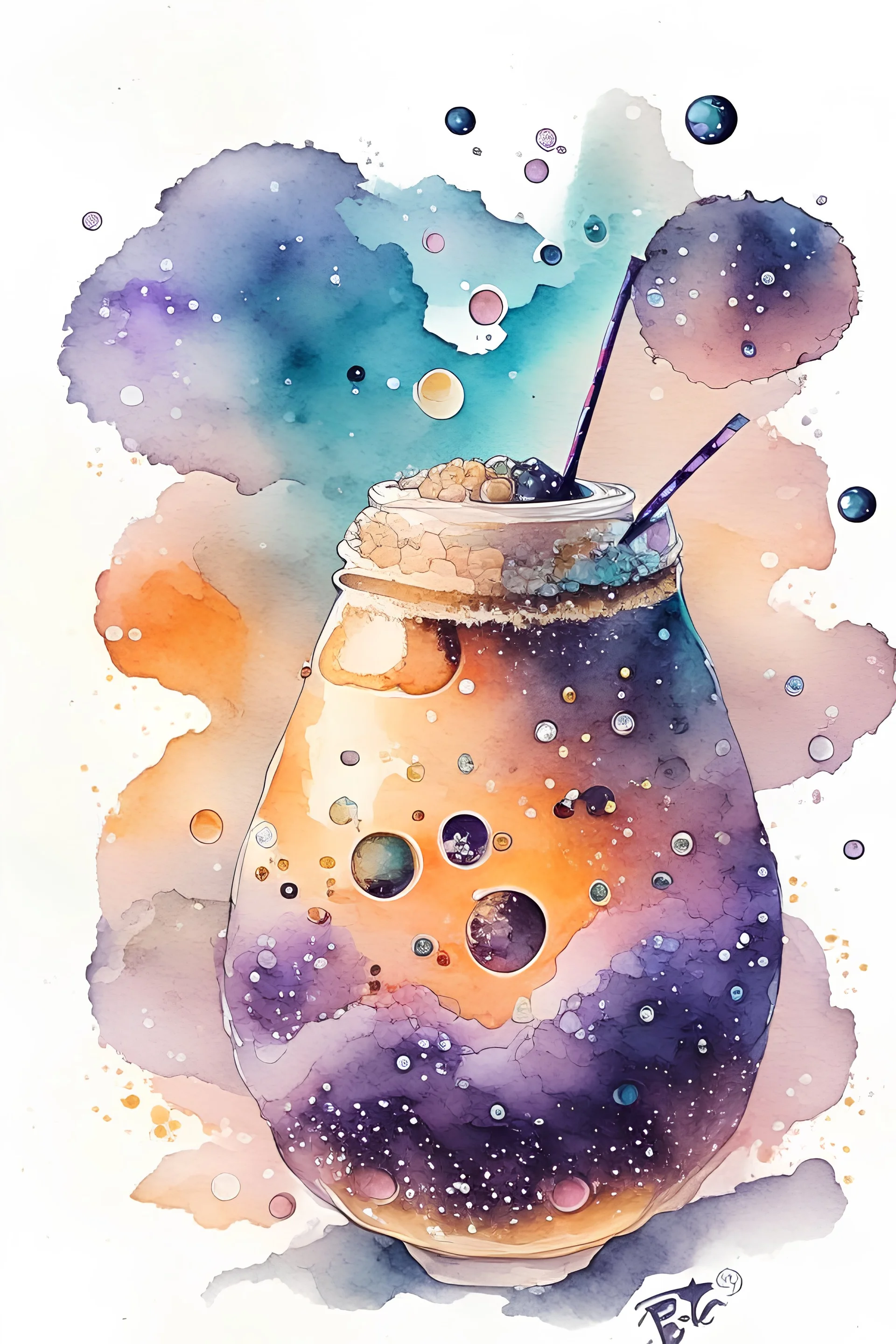 celestial cosmic boba bubble tea drink in fantasy universe in watercolor style