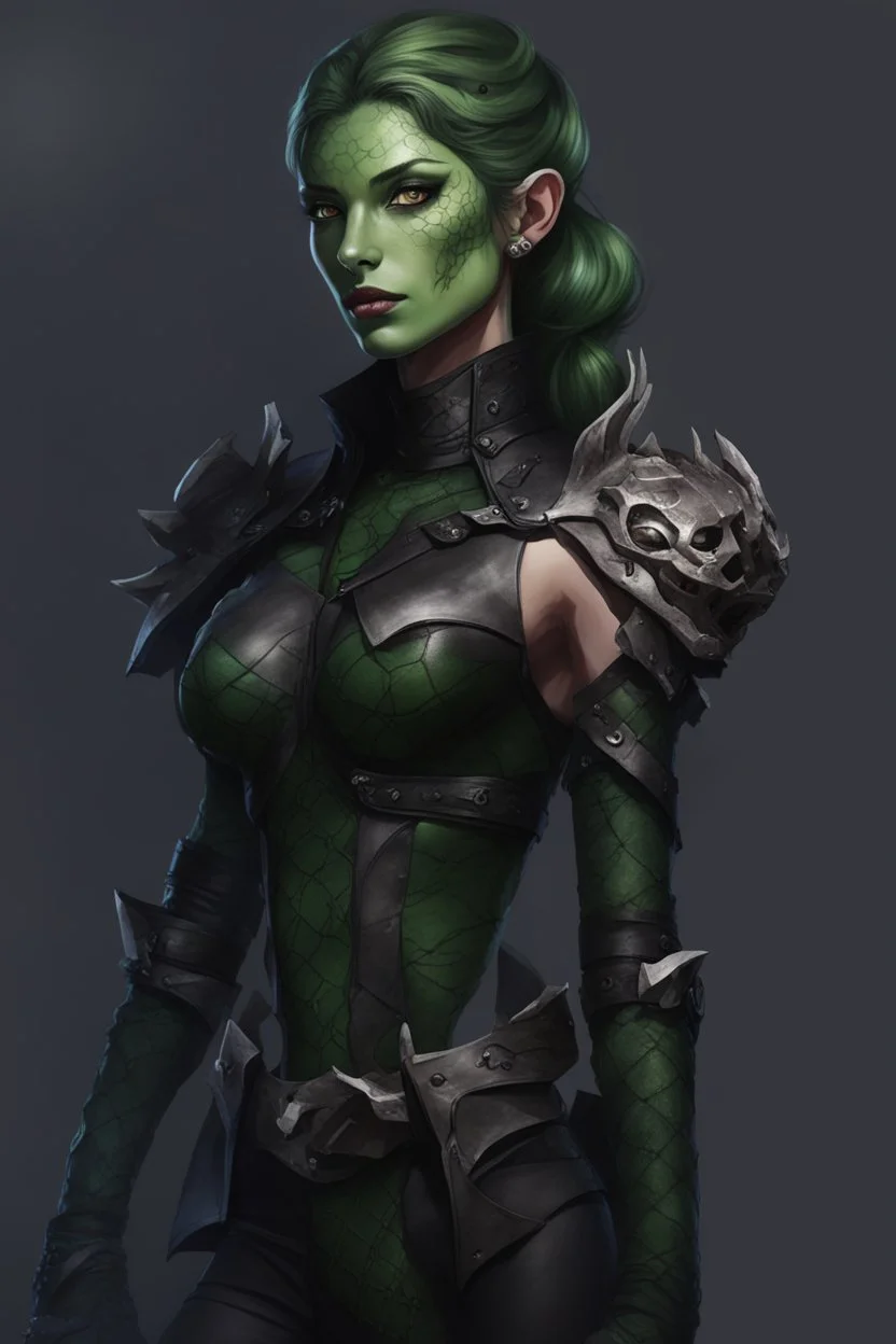 female snake humanoid, green scales, wearing a black leather armor, dungeons and dragons