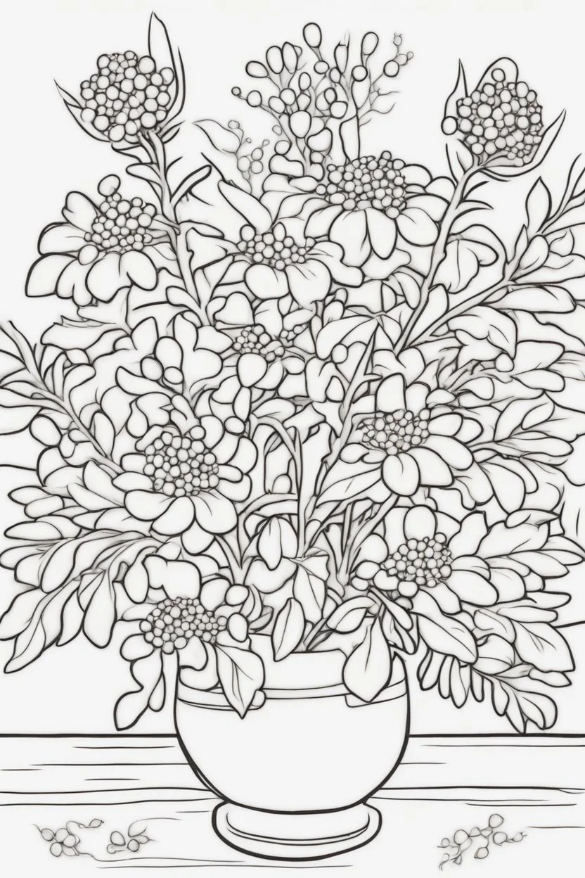 flowers coloring page for kids, mimosa, cartoon style, thick outline, low details, no shading, no color