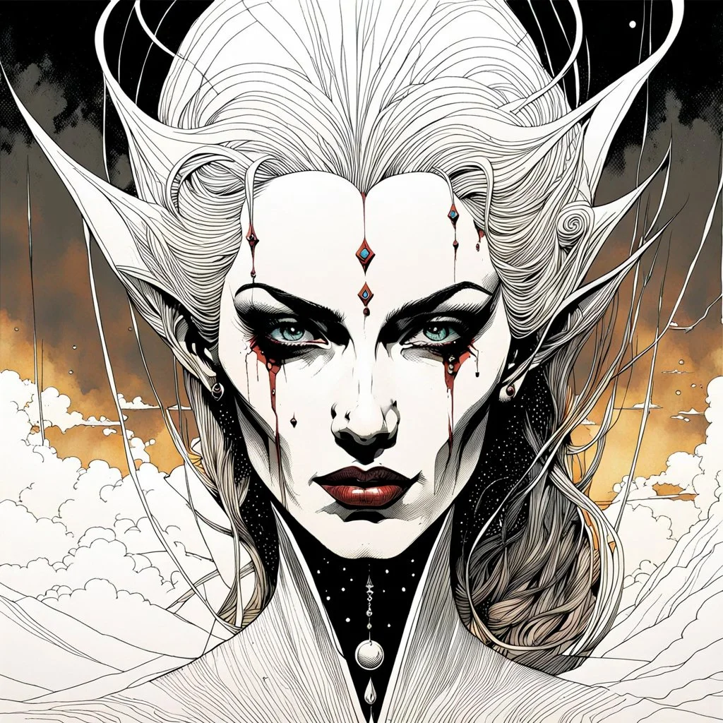 create a highly ethereal, darkly magical surrealist portrait illustration of the mother of vampires, Lamae Bal, with highly detailed and deeply cut facial features, in the chaotic, turbulent, otherworldly landscape of Coldharbour in the comic art style of BILL SIENKIEWICZ and JEAN GIRAUD MOEBIUS, searing lines and forceful strokes, precisely drawn, inked, and darkly colored