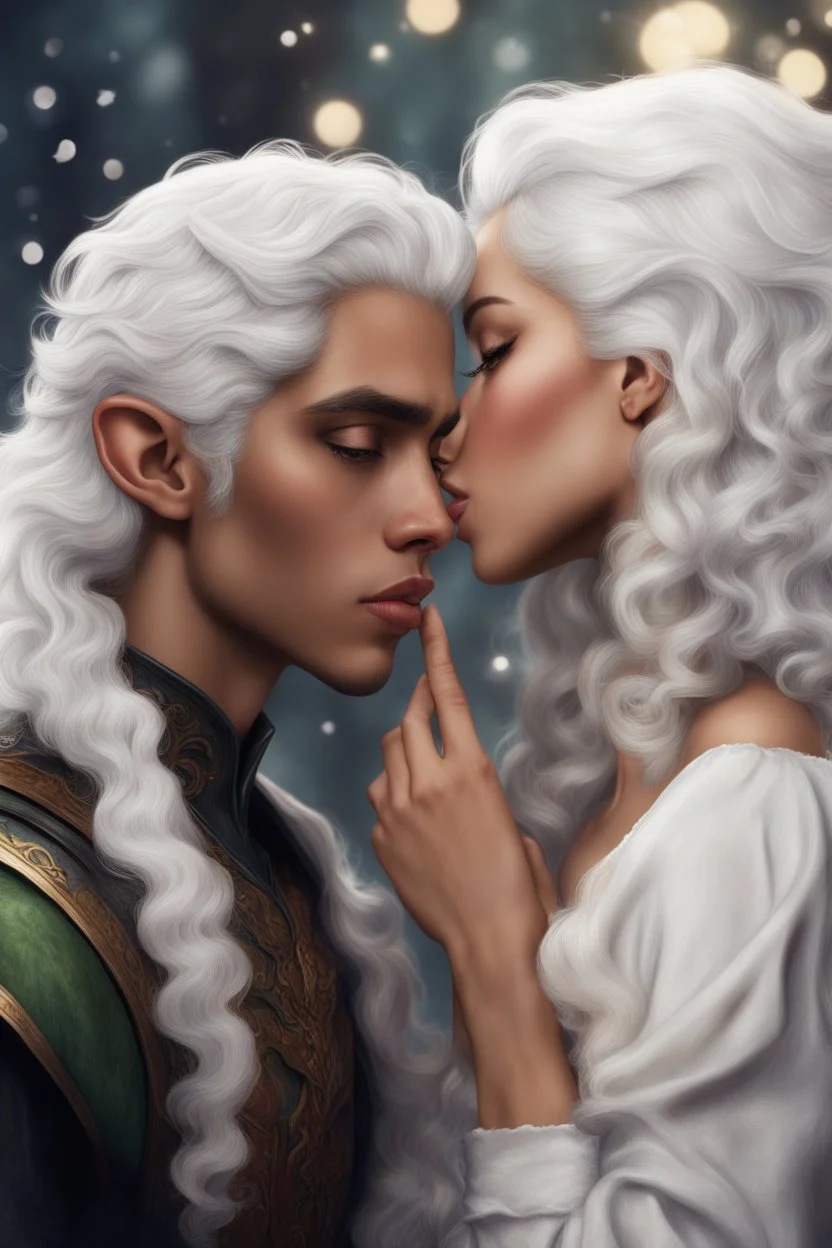 young mulatto woman with wavy snow white hair, kissing a male elf with short black hair