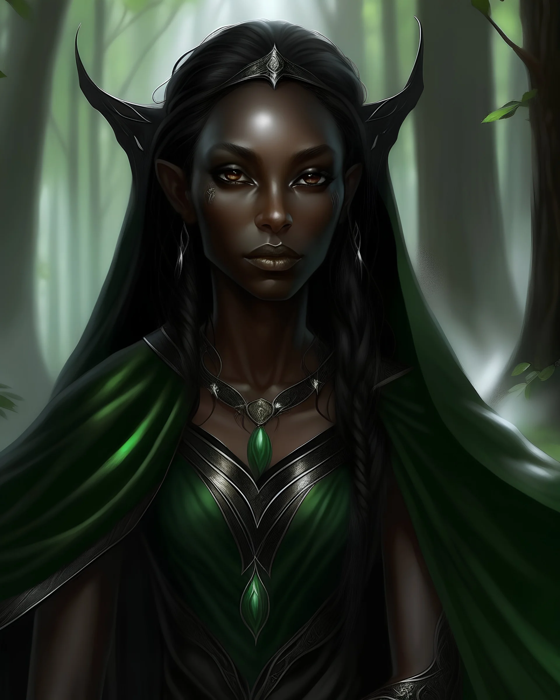 beautiful, mongolian, fae, drow, elf, black hair, ebony skin, pointy ears green eyes, druide, black leather robes, fantastic realism style, high fantasy, forest, mystic, soft light,