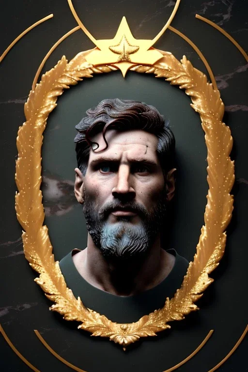 Ultra Realistic image, Roman sculpture, white marble material, Lionel Messi, gold Laurel leaves wreath, renaissance ornaments, one gold star in heart, sun ornament, marble and background, chisel style, waist up portrait, emperor style, epic, celestial, cinematic lighting, God light, god rays, 4k resolution, smooth details, ornate details, soft lighting, unreal engine 5, art station, substance 3d.