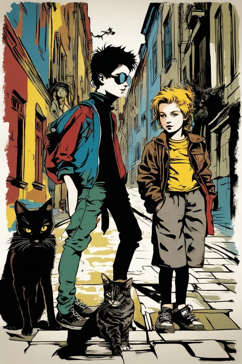 Three teenage street children two boys and one punk girl in book-cover poses on the screen of an old town plus a black cat as a companion, dark graphic style, Banksy style, Warhol style, KAndinsky style