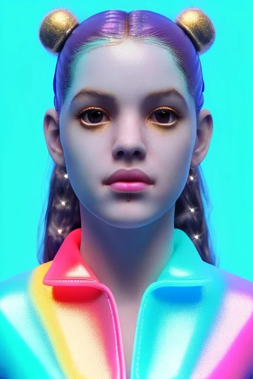 Rosalía artist, Realistic image, natural waist up portrait, perfect eyes, glow, eye liner. sweet face, pigtails hair, spray line make up, glow. lips, gold. big rings piercing, led ornament, pearls. inflatable latex coat, cold, led lights, minimal, neon, pink, blue, gold, vibrant color, highly detailed, art stations, concept art, smooth, unreal engine 5, god lights, ray tracing, RTX, lumen lighting, ultra detail, volumetric lighting, 3d, finely drawn, high definition, 4k.