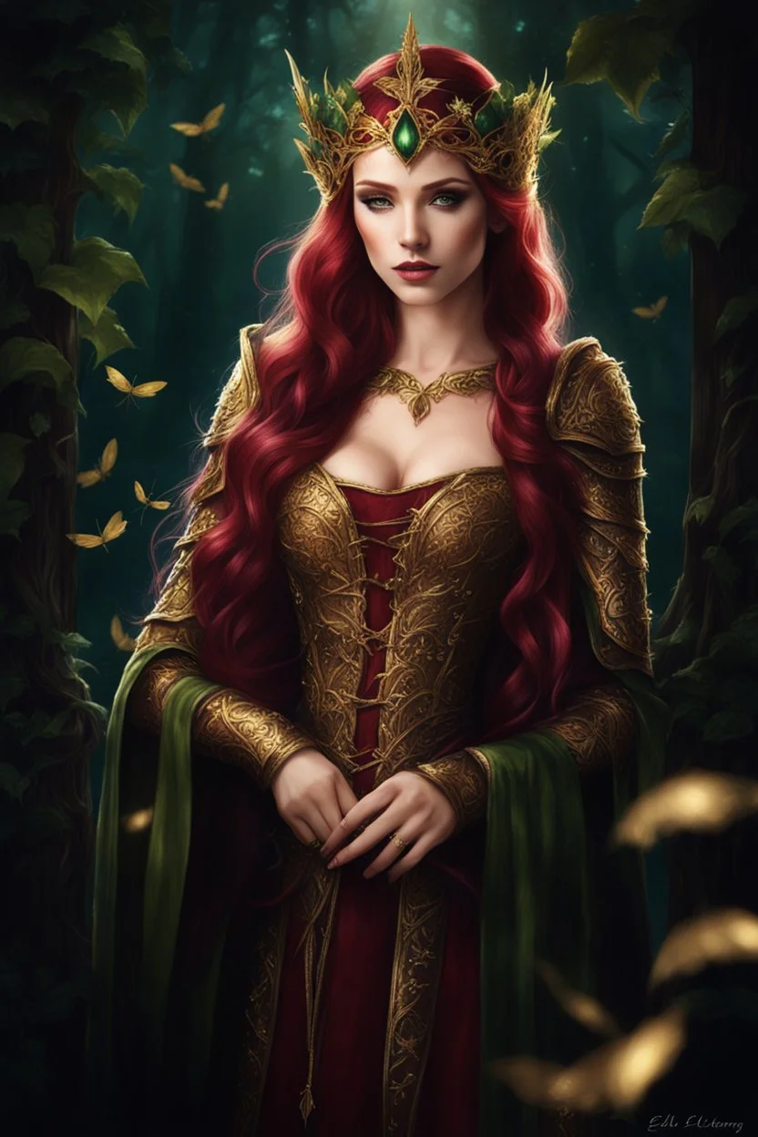 Burgundy hair, dark hair,dark red , rapunzel hair,very long hair,dark fairy princess,elven crown,night,dragonflies,beautiful,ong ashes,golden armor ,sparkle,night blooming,ivy,dark green,lilly of valley,golden elven crown,elven warrior,dark gold armor,extremely long hair