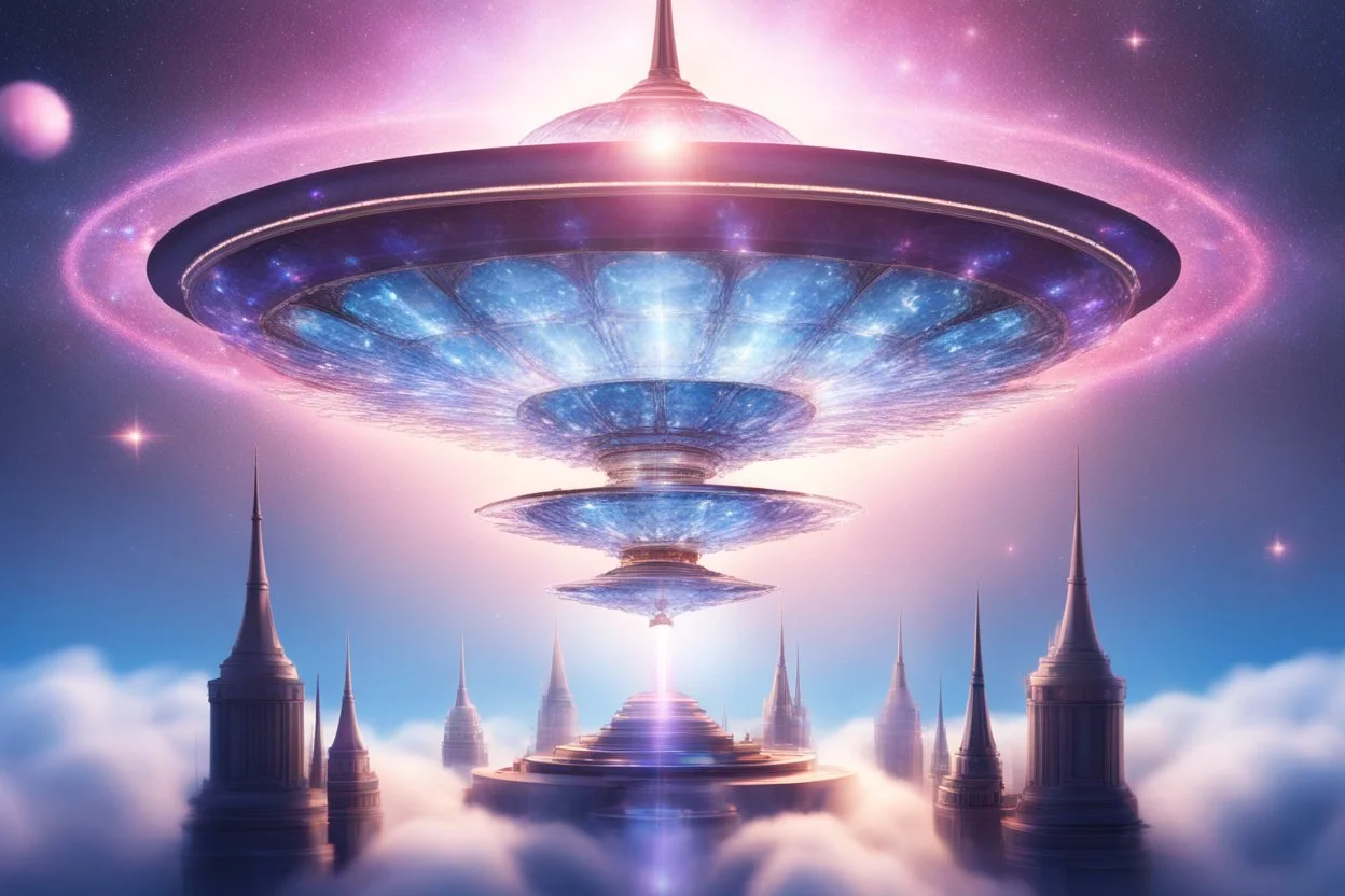 a cosmic beautiful DISH SPACESHIP made of crystals and light is flyng INA MAGIC BRIGHT SKY OF A GALAXY. IT IS PASSED BY A VERTICAL SHINE FROM TOP TO BOTTOM