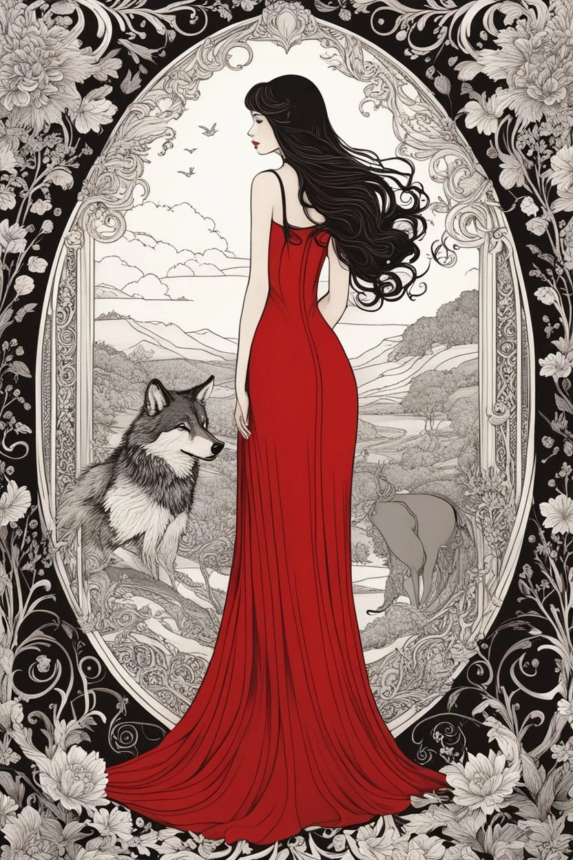 Girl in red dress and big wolf, high quality, highly detailed, Imagine an enchanting illustration inspired by the fusion of Aubrey Beardsley, Chiara Bautista, and Hayao Miyazaki, The composition blend Beardsley's intricate Art Nouveau lines, Bautista's emotionally charged and symbolic characters, and Miyazaki's whimsical and fantastical world-building, The central theme revolve around a surreal and emotionally resonant scene, featuring characters with symbolic elements and set against a backdrop