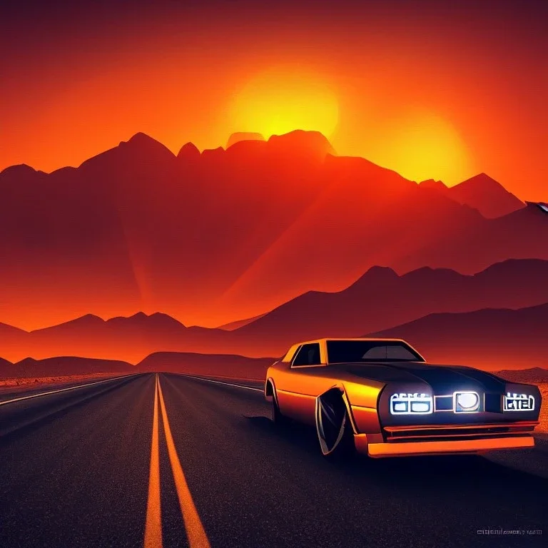 art deco, cyberpunk, muscle car, desert road, sunset, full colour, hd,