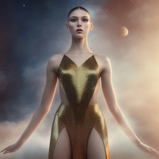 Photographic portrait of a futuristic female dancer, atmospheric, realistic, unreal engine cosmic galactic, cinematic lighting, octane render, sepia, transparent, cosmic ambiance, masterpiece, photo by Gustav Klimt, composing fit inside, masterpiece