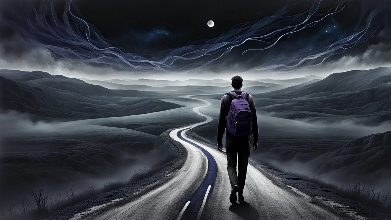 A solitary androgynous figure seen from behind, carrying an big heavy dark backpack, walking alone along a long winding road floating on a vast dark sky. Surreal abstract dreamscape, the road curving into endless darkness, abyss, mist, uncertainty and emotional weight, alone caracter, black gray, Dark blue, charcoal and muted dark purple tones, deep sky, digital art, etheral, atmospheric, dreamlike
