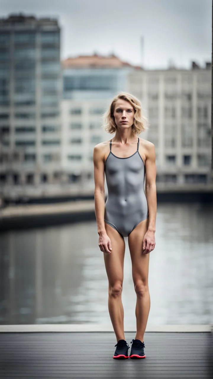 beautiful anorexic young woman, total shot, grey triathlon swimsuit, short blonde wavy bob hair, blurred city background