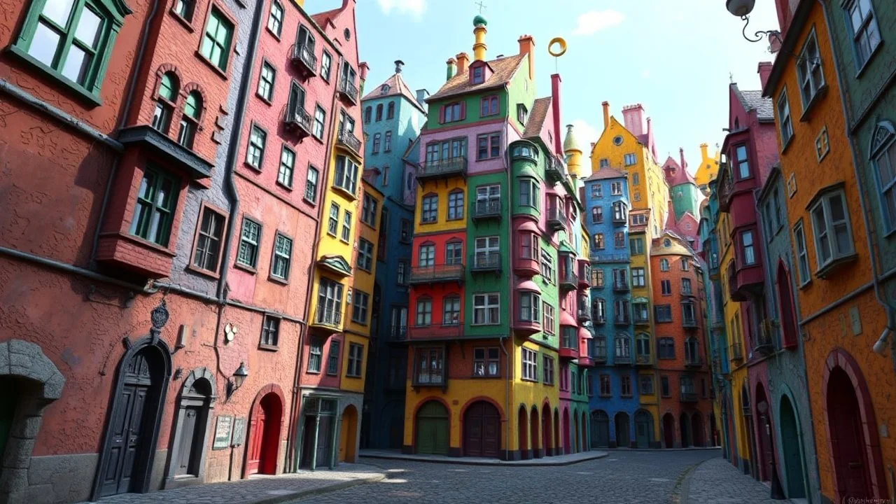 This image is a surreal, digitally created artwork depicting an urban landscape that appears to be a city of fantastical, colorful buildings. The scene is set in a narrow, cobblestone street flanked by tall, multicolored buildings with various textures and shapes. The buildings are painted in vivid hues of red, blue, green, yellow, and orange, creating a vibrant and whimsical atmosphere. The buildings on both sides of the street are stacked irregularly, with windows, balconies, and various arc