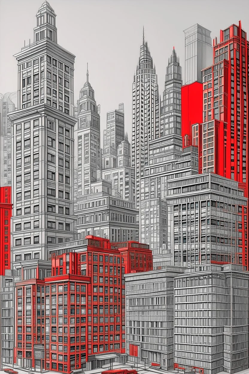 Fine lines draw of a dream city , nyc building , gray and one building painted red
