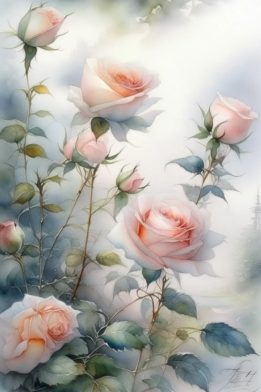 62. English watercolor, tea roses, drawing, beautiful landscape, fog, many details, delicate sensuality, realistic, high quality, work of art, hyperdetalization, professionally, filigree, silver haze, hyperrealism, professionally, transparent, gently pastel tones, backlight, contrast, fantastic, fabulous, unreal, translucent, glowing, clear lines, epic fabulous, 30mm lens, ISO 100, pixel graphics