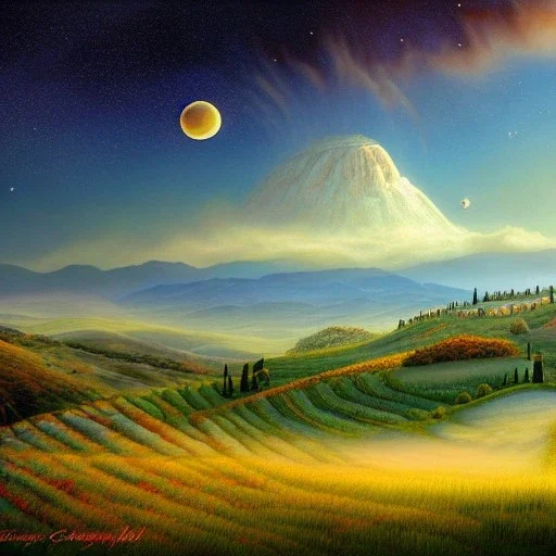 Tuscany hills, beautiful fantasy landscape, realistic and natural, cosmic sky, detailed full-color, nature, hd photography, fantasy by john stephens, galen rowell, david muench, james mccarthy, hirō isono, realistic surrealism, elements by nasa, magical, detailed, alien plants, gloss, hyperrealism