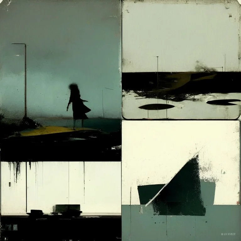 Minimal abstract oil paintings desolate 1960s carpark concrete fragments. style of Phil Hale , Ashley Wood.