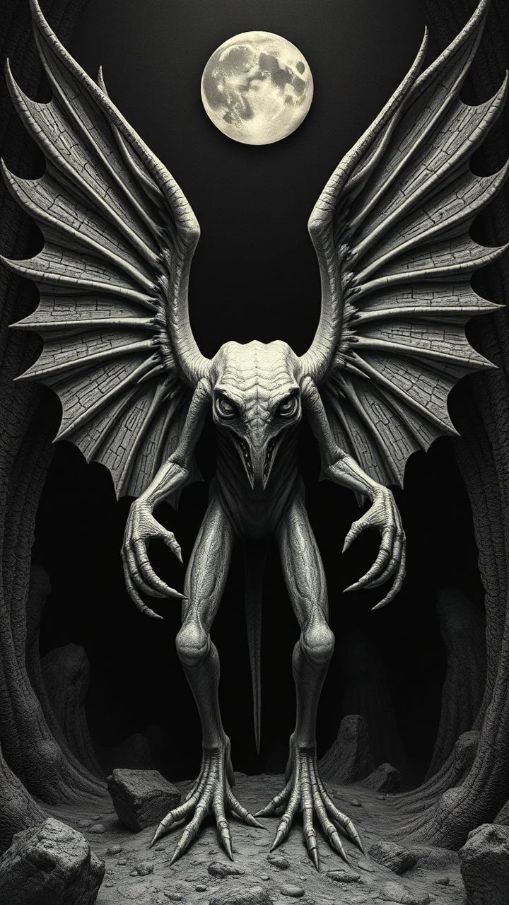 Winged Dingus in the style of Giger and Escher