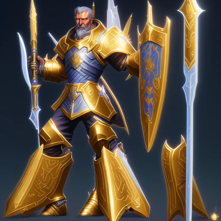 a paladin with no helmet wearing golden armor