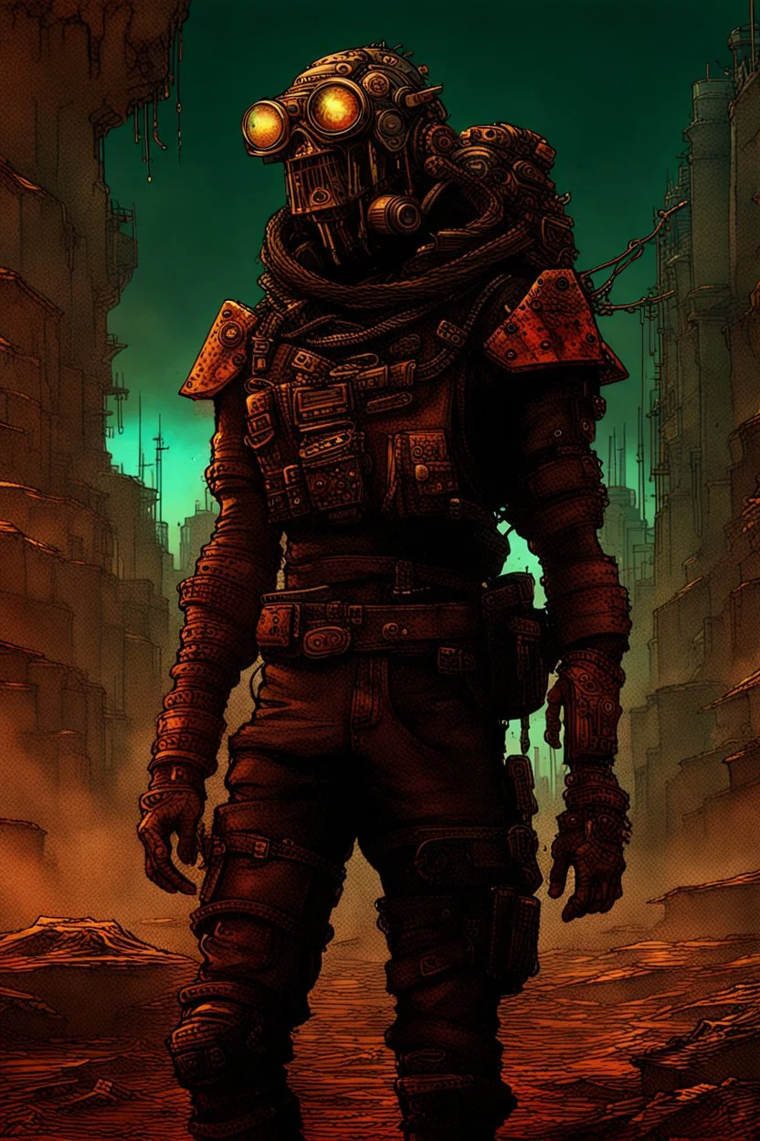 CybPost-Apocalyptic Tribal Wasteland , neo cyberpunk people, deep colors, , The atmosphere dystopian, mechy, ruins, sharp focus, intricate details, weird, cinematic