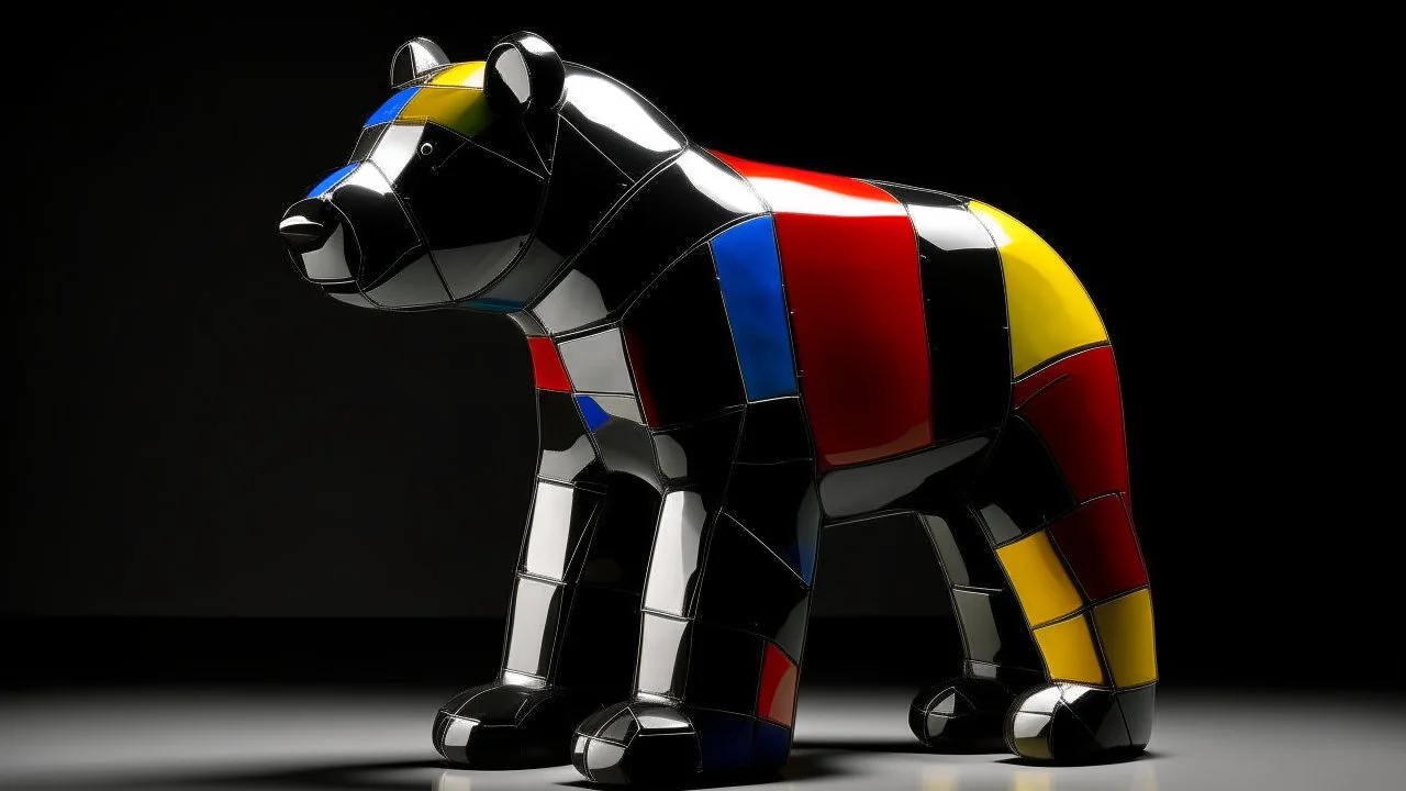 A black shadow elemental bear painted by Piet Mondrian